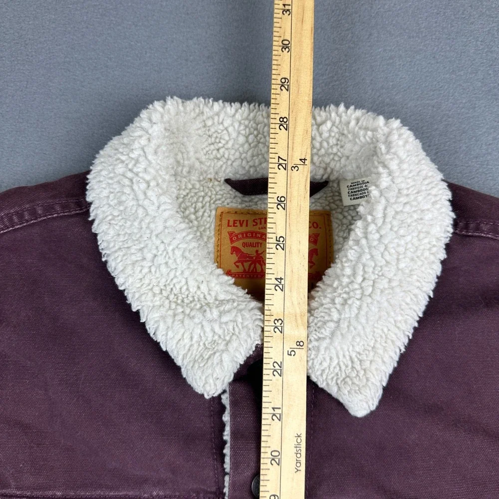 Levi's Sherpa Lined Trucker Jacket Burgundy Maroon Canvas Workwear Coat Mens L